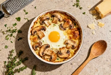 Gratin de champignons doré avec sauce crémeuse au jaune d'œuf, vue plongeante sur plan de travail de cuisine