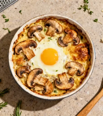 Gratin de champignons doré avec sauce crémeuse au jaune d'œuf, vue plongeante sur plan de travail de cuisine