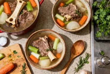 Pot-au-feu français avec bœuf tendre, légumes et moelle dans un bouillon clair, servi dans des bols en céramique rustique