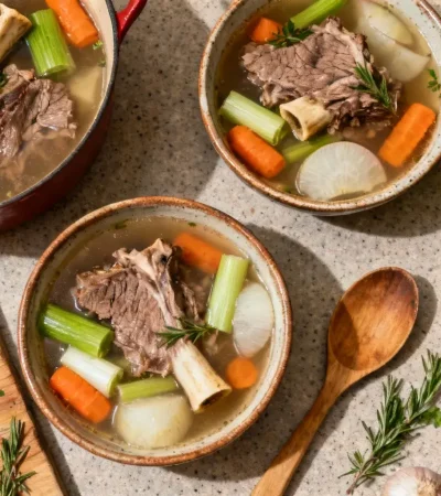 Pot-au-feu français avec bœuf tendre, légumes et moelle dans un bouillon clair, servi dans des bols en céramique rustique