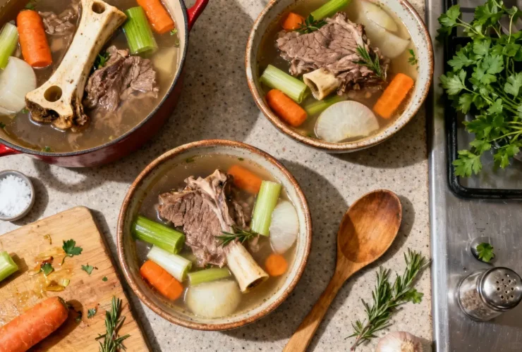 Pot-au-feu français avec bœuf tendre, légumes et moelle dans un bouillon clair, servi dans des bols en céramique rustique
