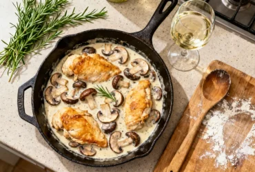 Poulet crémeux aux champignons dans une poêle en fonte avec sauce onctueuse, accompagné de vin blanc et herbes fraîches