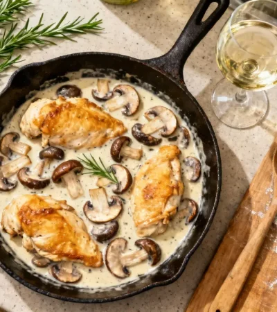 Poulet crémeux aux champignons dans une poêle en fonte avec sauce onctueuse, accompagné de vin blanc et herbes fraîches