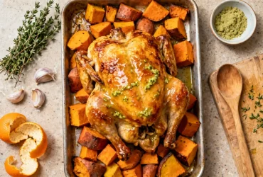 Poulet rôti doré avec glaçage au beurre mandarine-wasabi, accompagné de potiron et patate douce sur un plan de travail