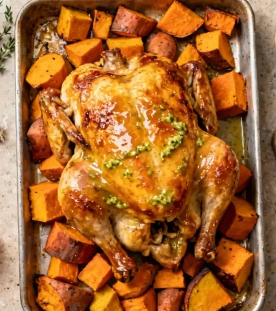Poulet rôti doré avec glaçage au beurre mandarine-wasabi, accompagné de potiron et patate douce sur un plan de travail