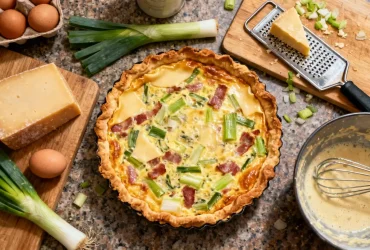 Quiche lorraine fraîchement cuite avec cantal, poireaux et lardons posée sur un plan de travail de cuisine