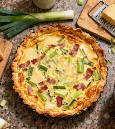 Quiche lorraine fraîchement cuite avec cantal, poireaux et lardons posée sur un plan de travail de cuisine
