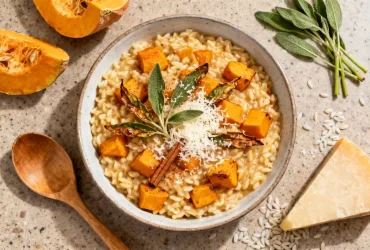 Risotto crémeux au butternut avec cannelle, feuilles de sauge croustillantes et parmesan sur un plan de travail de cuisine