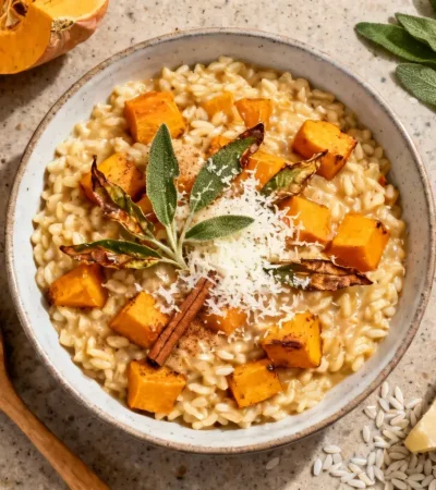 Risotto crémeux au butternut avec cannelle, feuilles de sauge croustillantes et parmesan sur un plan de travail de cuisine