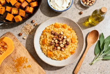 Risotto crémeux au butternut avec noisettes toastées, huile de noisette et feuilles de sauge sur plan de travail de cuisine