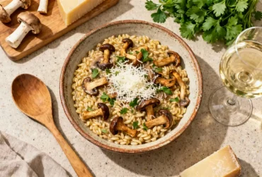 Risotto aux champignons sauvages avec parmesan râpé et herbes fraîches, préparé dans une cuisine équipée
