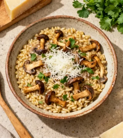 Risotto aux champignons sauvages avec parmesan râpé et herbes fraîches, préparé dans une cuisine équipée