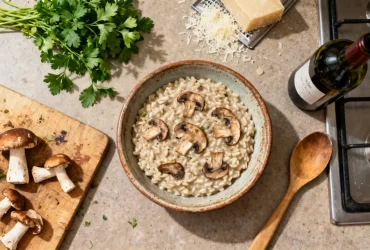 Risotto crémeux aux cèpes avec parmesan et persil dans un bol en céramique rustique sur un plan de travail de cuisine