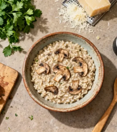 Risotto crémeux aux cèpes avec parmesan et persil dans un bol en céramique rustique sur un plan de travail de cuisine
