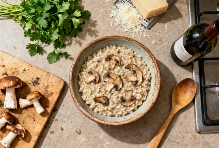 Risotto crémeux aux cèpes avec parmesan et persil dans un bol en céramique rustique sur un plan de travail de cuisine