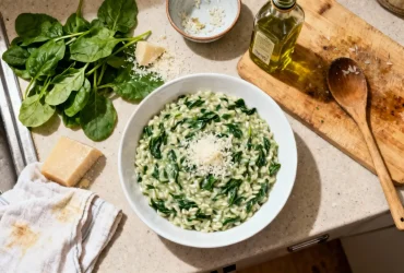 Risotto crémeux aux épinards dans un bol blanc avec parmesan, cuillère en bois et ingrédients sur un plan de travail de cuisine