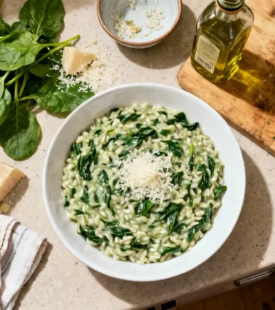 Risotto crémeux aux épinards dans un bol blanc avec parmesan, cuillère en bois et ingrédients sur un plan de travail de cuisine