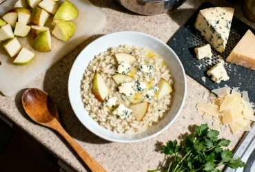 Risotto onctueux aux poires et gorgonzola avec morceaux de poires et fromage fondu, accompagné d'herbes fraîches et parmesan