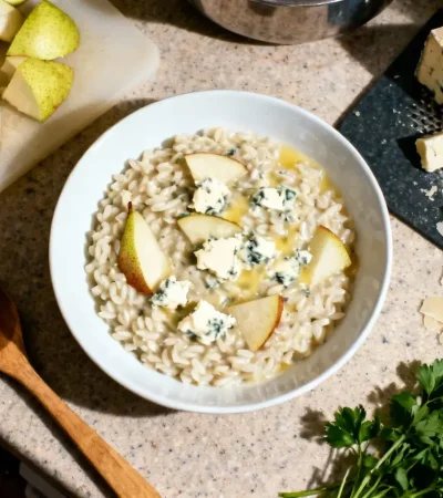 Risotto onctueux aux poires et gorgonzola avec morceaux de poires et fromage fondu, accompagné d'herbes fraîches et parmesan