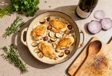 Sauté de poulet doré avec marrons et sauce onctueuse dans une poêle en céramique, vue plongeante