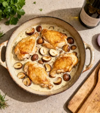 Sauté de poulet doré avec marrons et sauce onctueuse dans une poêle en céramique, vue plongeante