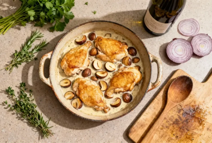 Sauté de poulet doré avec marrons et sauce onctueuse dans une poêle en céramique, vue plongeante