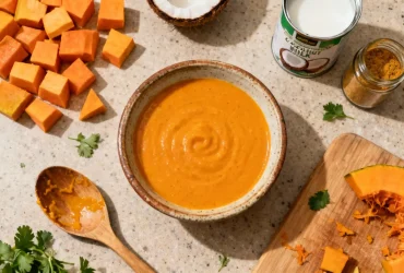 Soupe orange vif de potimarron et lait de coco dans un bol rustique, avec ingrédients et ustensiles de cuisine autour