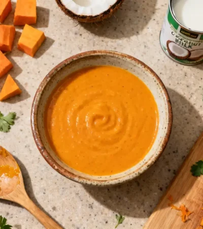 Soupe orange vif de potimarron et lait de coco dans un bol rustique, avec ingrédients et ustensiles de cuisine autour