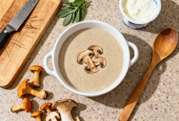 Soupe veloutée aux champignons sauvages servie dans un bol en céramique blanche avec champignons frais et herbes autour