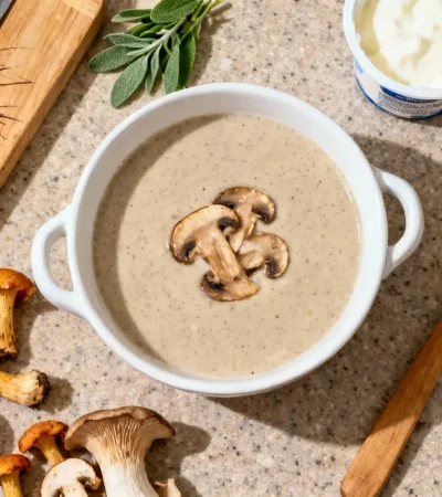 Soupe veloutée aux champignons sauvages servie dans un bol en céramique blanche avec champignons frais et herbes autour