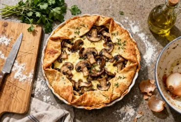 Tarte aux champignons rustique avec pâte brisée dorée, fromage fondu et champignons caramélisés sur planche en bois