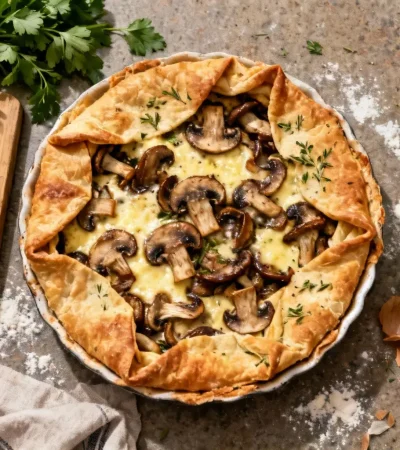 Tarte aux champignons rustique avec pâte brisée dorée, fromage fondu et champignons caramélisés sur planche en bois