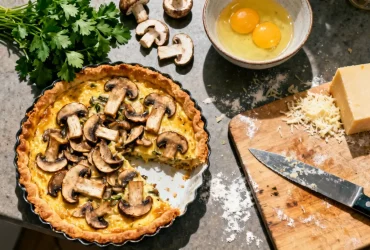 Tarte forestière dorée avec champignons shiitake et buttons sur plan de cuisine, accompagnée d'ingrédients frais et ustensiles