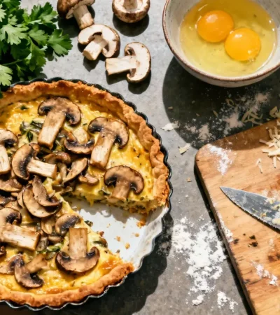 Tarte forestière dorée avec champignons shiitake et buttons sur plan de cuisine, accompagnée d'ingrédients frais et ustensiles