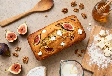 Cake salé doré avec morceaux de figues et noix, entouré d'ingrédients comme fromage de chèvre, figues fraîches et noix sur plan de travail