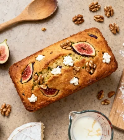 Cake salé doré avec morceaux de figues et noix, entouré d'ingrédients comme fromage de chèvre, figues fraîches et noix sur plan de travail