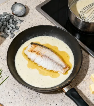 Filet de colin poêlé nappé de sauce beurre blanc crémeuse, entouré d'échalotes grises et accompagné de vin blanc et beurre