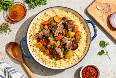 Couscous royal préparé maison avec morceaux d'agneau tendres, légumes colorés et semoule moelleuse sur plan de travail de cuisine