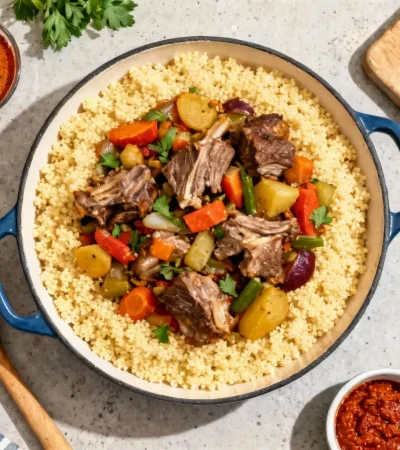 Couscous royal préparé maison avec morceaux d'agneau tendres, légumes colorés et semoule moelleuse sur plan de travail de cuisine