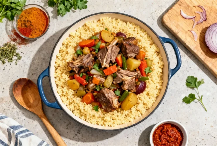 Couscous royal préparé maison avec morceaux d'agneau tendres, légumes colorés et semoule moelleuse sur plan de travail de cuisine