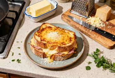 Croque-monsieur coupé en deux avec un croustillant doré, comté et parmesan fondus, posé sur un plan de travail en bois