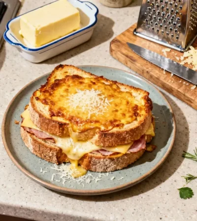 Croque-monsieur coupé en deux avec un croustillant doré, comté et parmesan fondus, posé sur un plan de travail en bois
