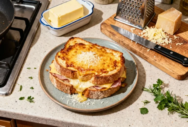 Croque-monsieur coupé en deux avec un croustillant doré, comté et parmesan fondus, posé sur un plan de travail en bois