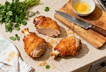 Pieds de porc panés dorés accompagnés de foie gras présentés sur un plan de travail de cuisine avec ingrédients