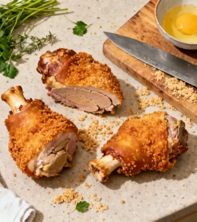 Pieds de porc panés dorés accompagnés de foie gras présentés sur un plan de travail de cuisine avec ingrédients