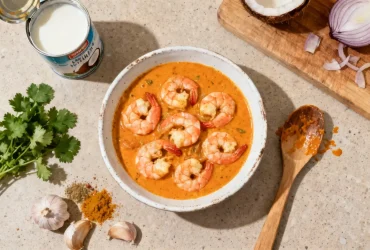 Curry de crevettes onctueux avec sauce coco dans un bol blanc avec garniture de coriandre et épices à côté