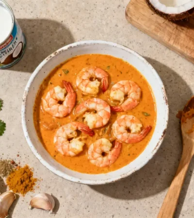 Curry de crevettes onctueux avec sauce coco dans un bol blanc avec garniture de coriandre et épices à côté
