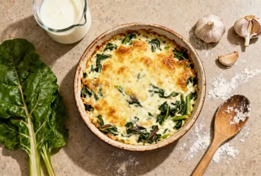 Gratin de blettes suisse crémeux dans plat en céramique rustique, surface dorée et bulleuse avec feuilles de blettes fraîches et ail sur le plan de travail