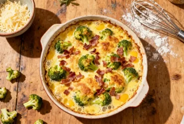 Gratin de chou-fleur doré avec morceaux de bacon et sauce crémée sur un plan de travail de cuisine en désordre