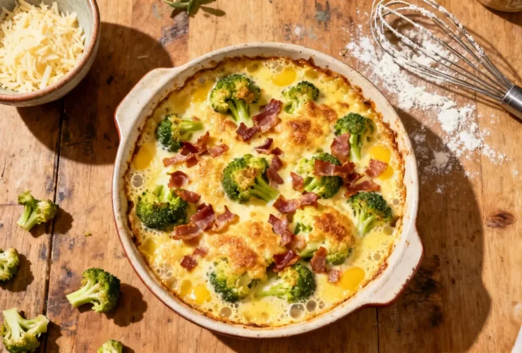 Gratin de chou-fleur doré avec morceaux de bacon et sauce crémée sur un plan de travail de cuisine en désordre